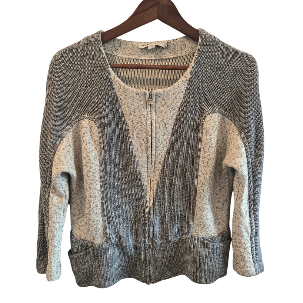 See By Chloe Cardigan Sweater Top Zip Knit Colorblock Boho Neutral Old Money 4